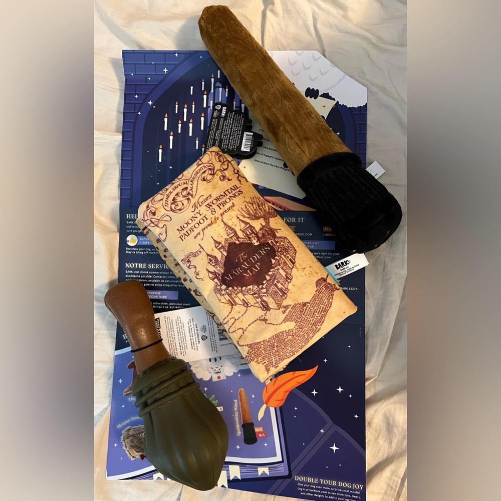 NWT Harry Potter BARK box Wand, Maurauder’s Map, Nimbus 2000 Chew Toy
